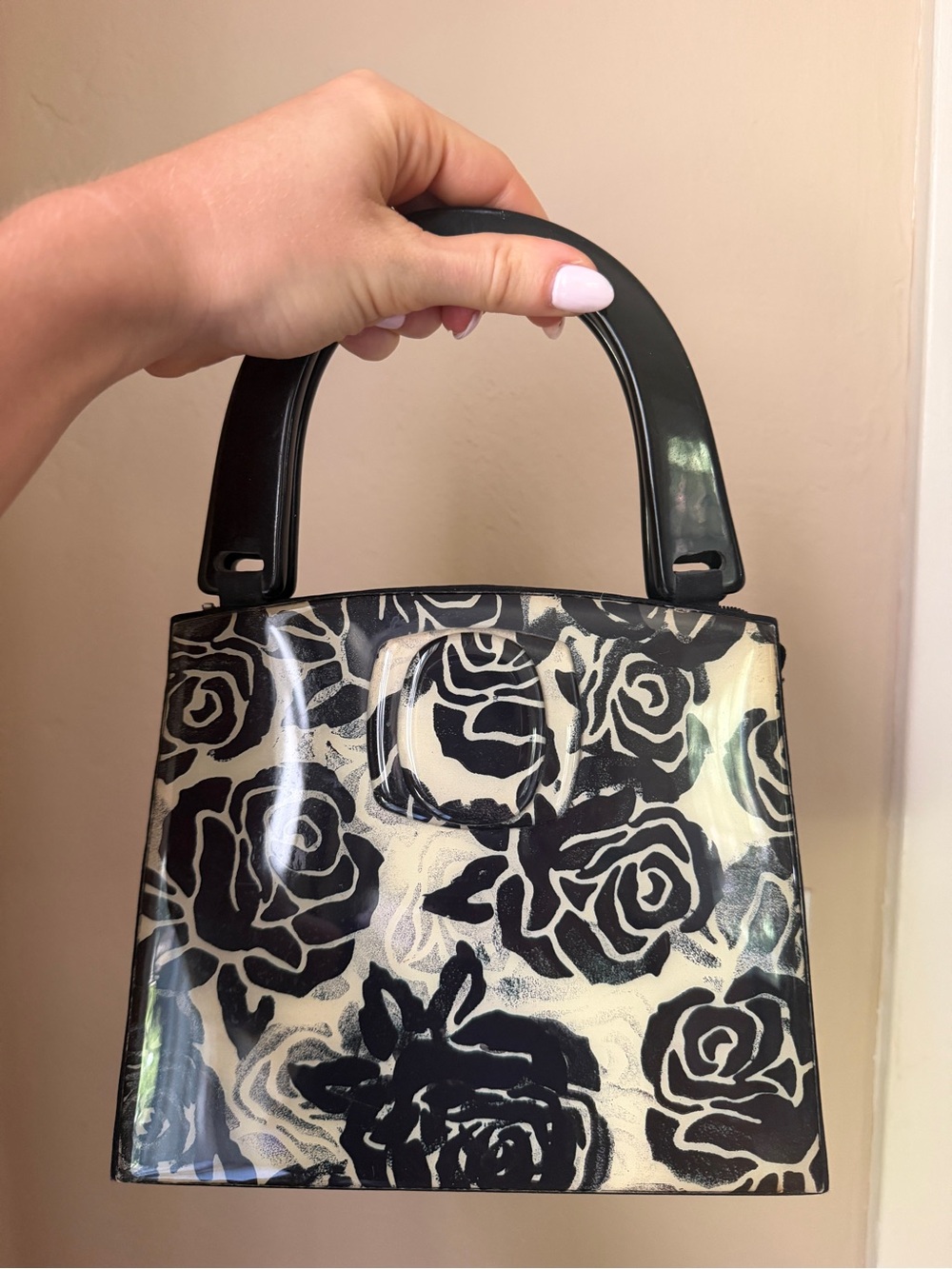 Vintage 90s Angela Frascone Black & Cream Floral Tote with Top Handles